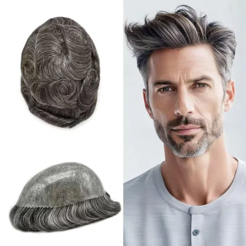 Vista 94 de Men's 8X10 All Poly Toupee Real Human Hair Replacement System, 0.1mm Thin Skin PU Injected Hairpiece, Scallop PU Front Natural Hairline #1 Jet