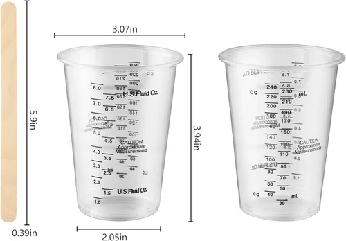 Vista 2 de Little Cook - 40 tazas medidoras para mezclar, desechables de resina de plástico transparente de 8 onzas con 40 palitos de madera para mezclar