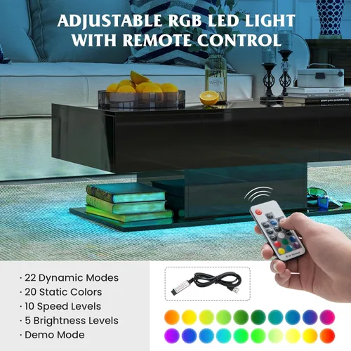 Vista 6 de Tangkula Mesa de centro LED con 2 cajones, mesa central moderna de alto brillo, luces LED regulables de 20 colores y control remoto, mesa auxiliar