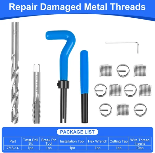 Vista 2 de 15 piezas Kit de reparación de roscas SAE 7/16-14 pulgadas HSS Kit de reparación de hélice de taladro para reparación de agujeros de tornillo
