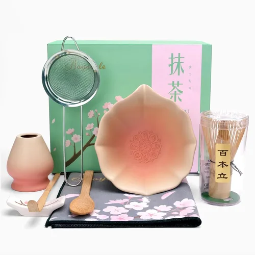 Vista 6 de Joyscale Juego de batidor de matcha, juego de batidor y cuenco, juego de 8 piezas de kit de matcha (diseño de loto), 11 onzas, juego de té Matcha