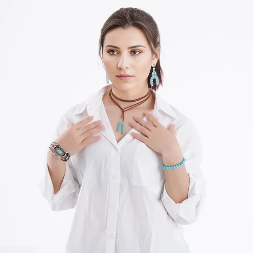 Vista 7 de Yymobt Juego de 5 piezas de joyería turquesa para mujer, collar de turquesa occidental, gargantilla larga con colgante de turquesa, aretes vintage