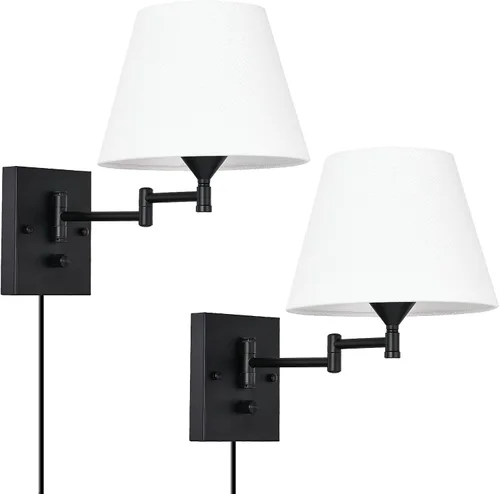 Pauwer Juego de 2 apliques de pared enchufables con brazo oscilante con cable de enchufe y pantalla de tela, accesorios de pared para pasillo,