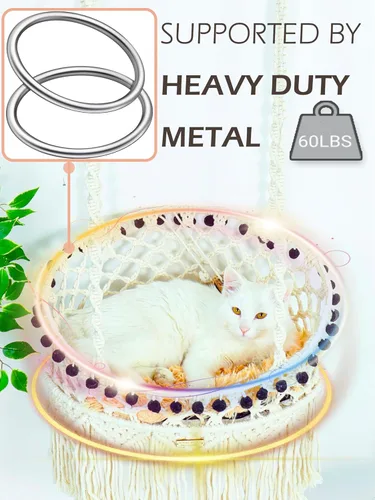 Vista 2 de KARCEEY Hamaca de macramé para gatos, cama colgante para pared y ventana, columpio bohemio con kit completo de herramientas y juguete de pezón