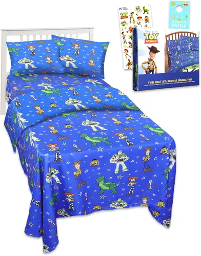 Toy Story - Juego de ropa de cama para niños pequeños, paquete de cama individual con sábanas, funda de almohada, calcomanías