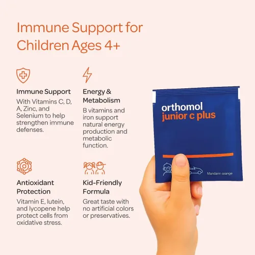 Vista 4 de Orthomol Immun Junior C Plus, multivitamínico para niños, sabor a mandarina, suministro para 30 días