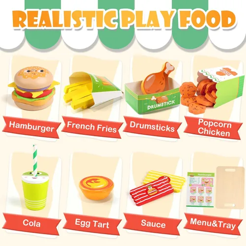 Vista 3 de Juego de comida de madera para hamburguesas para niños, juego de comida rápida con bandeja, accesorios de cocina de juego de simulación para niños