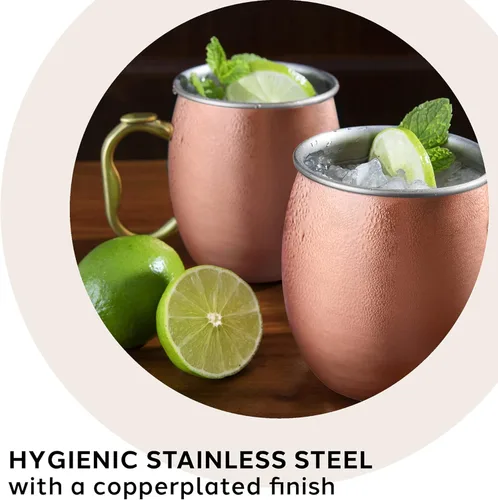 Vista 2 de Oggi Taza Moscow Mule de acero inoxidable - 20 oz, chapado en cobre con mango EZ-grip