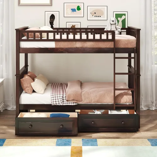 Harper & Bright Designs Litera individual sobre individual con 2 cajones de almacenamiento, camas convertibles, base de cama de madera maciza con
