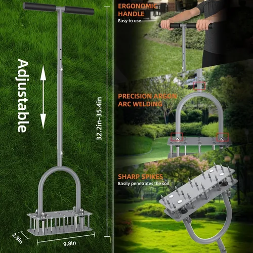 Vista 2 de GAINO Aireador manual para césped con 15 puntas, aireador ajustable de 32 a 35 pulgadas con mango en T para césped, diseño de expulsión automática