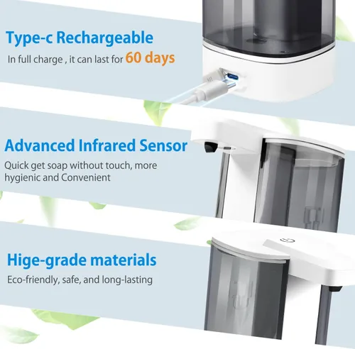 Vista 3 de Dispensador Automático de Jabón Líquido, Recargable, Sin Contacto, 17oz/500ml con 4 Niveles Ajustables de Jabón, Montaje en Pared y Resistente al