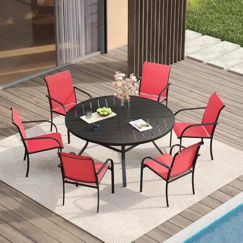 Vista 100 de VICLLAX Juego de comedor de patio de 7 piezas para 6, juego de muebles de exterior incluye mesa rectangular de 59 pulgadas para exteriores y 6