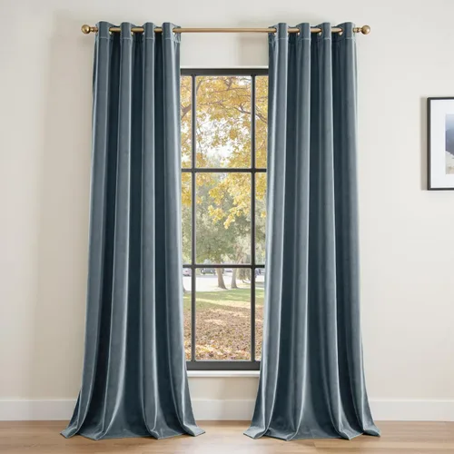 Vista 16 de Lazzzy Cortina opaca de terciopelo azul con aislamiento térmico para dormitorio, sala de estar, oscurecimiento de privacidad, cortinas de terciopelo