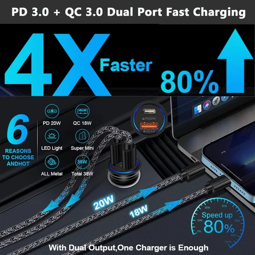 Vista 2 de Cargador de coche USB C, adaptador de carga rápida de 38 W PD&QC 3.0 encendedor de cigarrillos de doble puerto USB enchufe USB para iPhone 17e 17