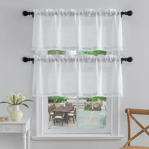 Vista 15 de Beda Home - Cenefas de lino texturizado con borlas para cocina de granjas; decoración rústica con filtro de luz para ventanas pequeñas, dormitorio