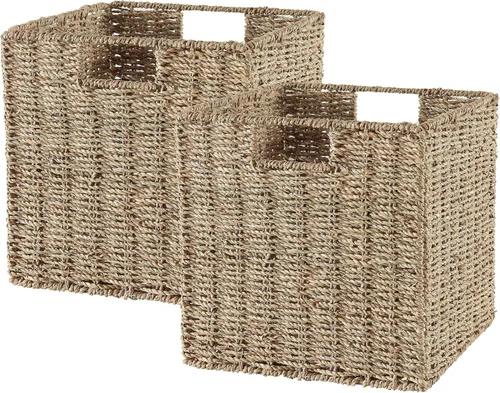 Vagusicc Cesta de almacenamiento de mimbre, juego de 2 cestas de almacenamiento de hierba marina, cesta de mimbre plegable de 9 pulgadas, cubos