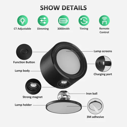 Vista 8 de Lightbiz Luces LED de pared con control remoto, apliques montados en la pared, 3000 mAh, recargable, funciona con batería, 3 temperaturas