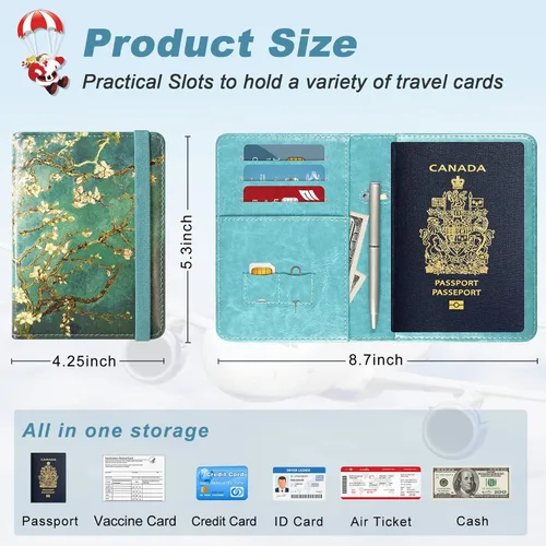Vista 3 de DMLuna Soporte para pasaporte de piel sintética de alta calidad, cartera de pasaporte de viaje con bloqueo RFID, funda para pasaporte, organizador