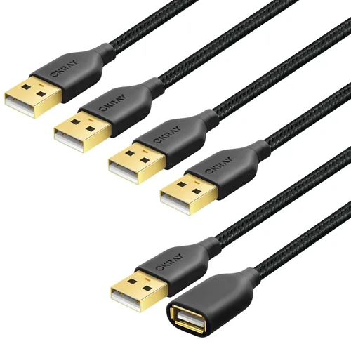 Vista 10 de OKRAY - Cable de extensión USB, paquete de 2 cables de extensión USB 2.0 de nailon trenzado de 6 pies tipo A, macho a hembra, con conector chapado
