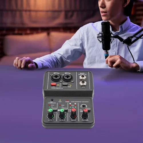 Vista 8 de Mini interfaz de consola mezcladora de 2 canales con alimentación fantasma de 48 V, mezclador de audio profesional, estéreo de 0.138 in, conector