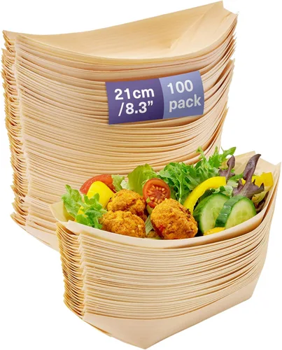 MATANA Platos de bambú grandes desechables de 8.3" pulgadas, paquete de 100 - Bandeja de servicio biodegradable tipo barco para sushi, platos de