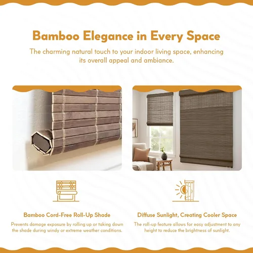 Vista 4 de Radiance Persianas Romanas de Bambú Sin Cordón para Ventanas - Persianas de Bambú de Varillas Planas para Control de Luz Semi-Privado - Persianas