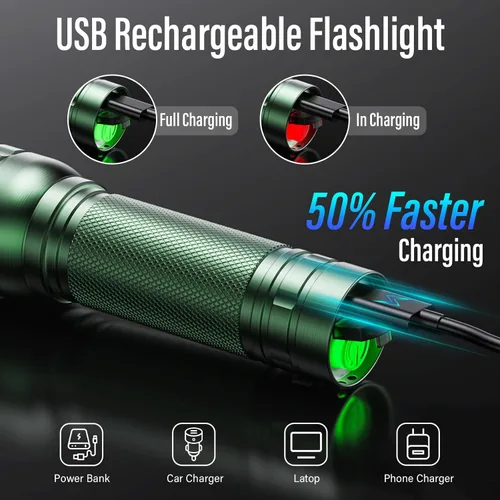 Vista 2 de Linternas recargables de alto lúmenes, luz de flash súper brillante G1000, pequeña linterna LED con zoom con 3 modos de iluminación, linterna Verde