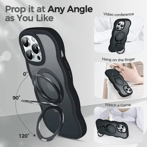 Vista 2 de Funda [Cute Wave Frame+Mag Stand] Diseñada para iPhone 14 Pro Max, [Compatible con MagSafe] Funda protectora de silicona translúcida con anillo