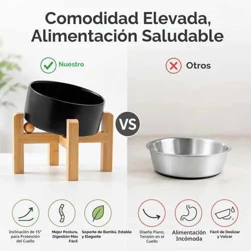 Vista 5 de hjn Cuenco elevado de cerámica para perros/cuencos elevados de cerámica para perros con soporte de bambú, comedero elevado inclinado de 15°
