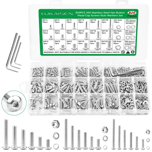 Vista 25 de Kit surtido de tornillos M4 de 271 piezas, cabeza de botón de acero inoxidable 304, tornillos hexagonales, tuercas, arandelas y llaves