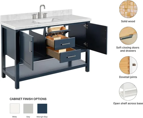 Vista 6 de ARIEL Bayhill - Tocador de baño con lavabo de 54 pulgadas, madera maciza, encimera de mármol italiano de Carrara de 1.5 pulgadas, fregadero Azul