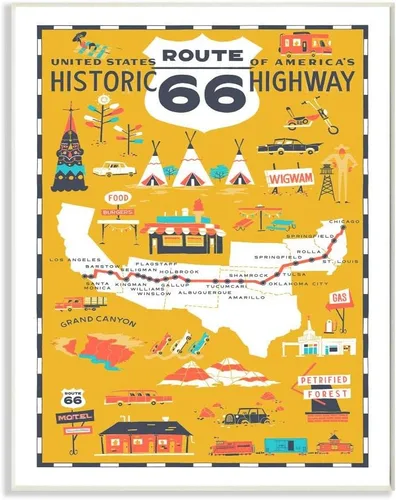 Vista 8 de Stupell Industries US Route 66 - Póster de mapa escénico ilustrado de color amarillo mostaza de gran tamaño, 12 x 0.5 x 18, multicolor