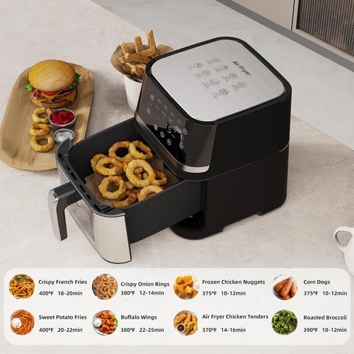 Vista 4 de Freidora de aire digital grande de acero inoxidable de 8 cuartos con ventana de vista de vidrio para uso en cocina, antiadherente, pantalla táctil