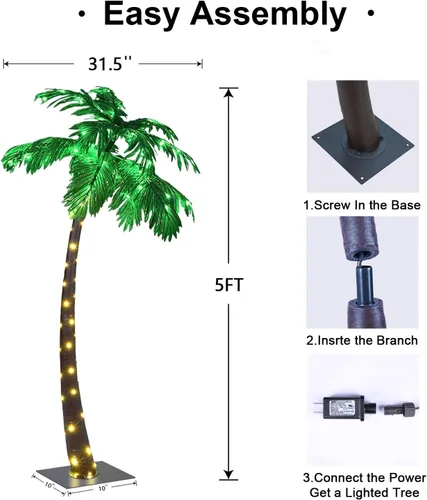 Vista 5 de Palmera iluminada de 5 pies con 96 LED, Árbol de palma artificial para decoración de luz exterior, Árbol falso iluminado para interior y exterior