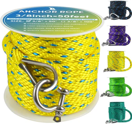 Vista 11 de Cuerda de anclaje prémium de 100 pies x 3/8 pulgadas, cuerda de anclaje MFP maciza con dedal y grillete, color naranja/amarillo