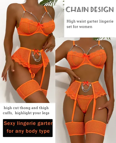 Vista 3 de Avidlove Conjunto de liguero para mujer, lencería sexy de malla con aros, 4 piezas, brasier de cadena S-XXL