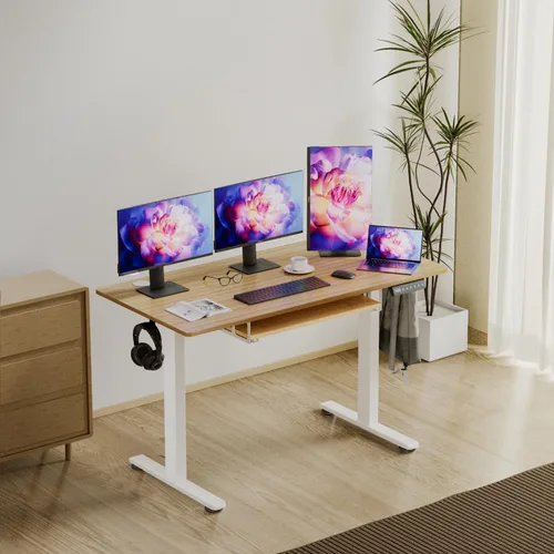 Vista 2 de Escritorio eléctrico de altura ajustable con bandeja para teclado, escritorio de pie sentado de 48 x 24 pulgadas, escritorio ergonómico