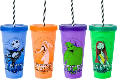 Vista 199 de Silver Buffalo Disney Nightmare Before Christmas Character Grid - Paquete de 4 vasos de plástico que cambian de color, 24 onzas