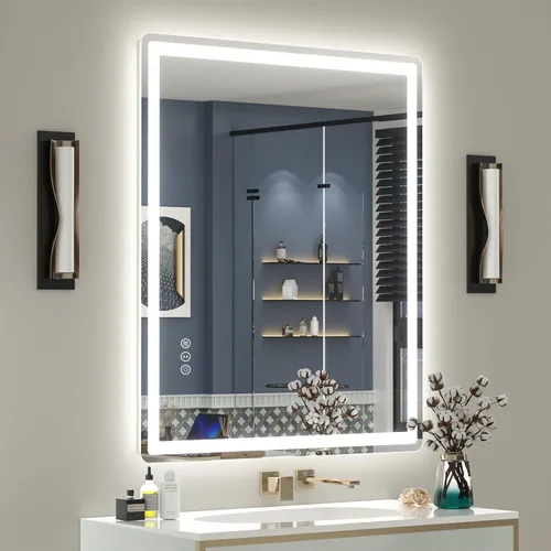 Vista 18 de SMIROR Espejo de baño LED con luces de 22" x 30", espejo de tocador rectangular redondeado iluminado para pared, iluminado frontal y retroiluminado