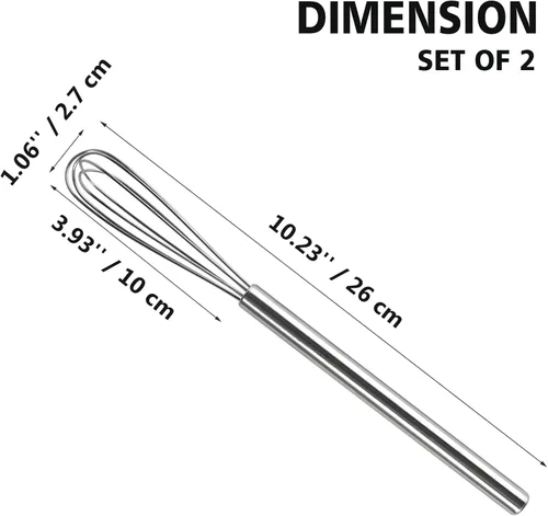 Vista 2 de Webake Paquete de 2 mini batidores pequeños de acero inoxidable 304, batidor de café de 10.25 pulgadas para cocinar, leche, huevo, mezcla, batir