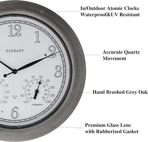 Vista 3 de CLXEAST Reloj de pared atómico iluminado para exteriores de 18 pulgadas con termómetro e higrómetro, reloj de pared iluminado por la noche