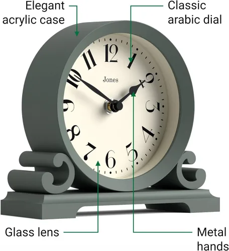 Vista 6 de JONES CLOCKS® Reloj de repisa Saloon Diseño tradicional de doble scroll Verde Estilo clásico contemporáneo para escritorio, mesa, estante