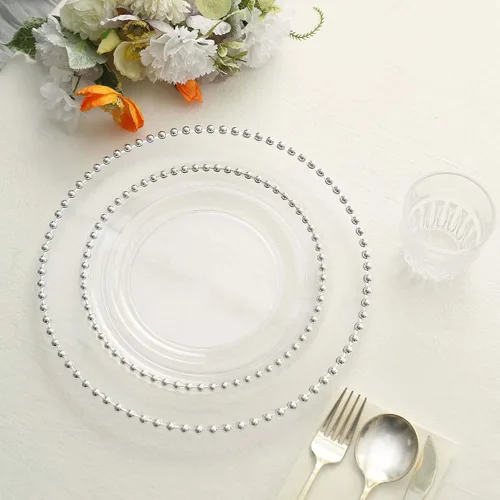 Vista 6 de Tableclothsfactory Paquete de 10 platos de postre de plástico con borde de cuentas negras y plateadas de 8 pulgadas, platos redondos desechables