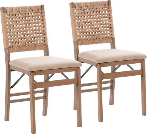 Vista 23 de Bennett - Juego de 2 sillas plegables naturales con respaldo de cuerda y asiento tapizado de lino Linon