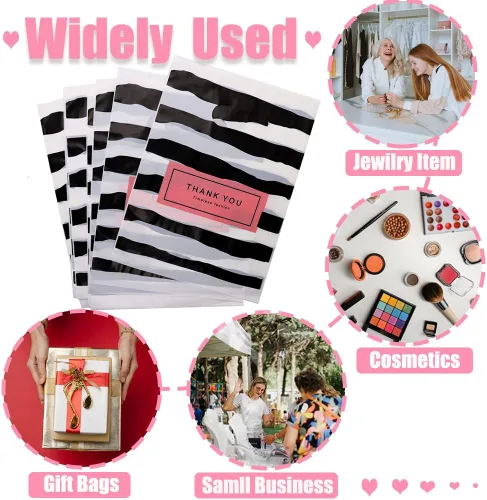 Vista 4 de Bolsas de mercancía con texto en inglés "Thank You", 100 bolsas de compras de plástico mixto de 3 tamaños, bolsa para pequeñas empresas, bolsas