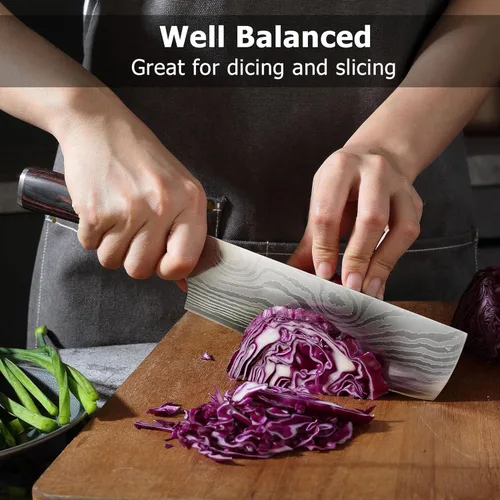 Vista 7 de PAUDIN Nakiri Knife - 7" Razor Sharp Meat Cleaver and Vegetable Kitchen Knife, High Carbon Stainless Steel, Multipurpose Asian Chef Knife for Home