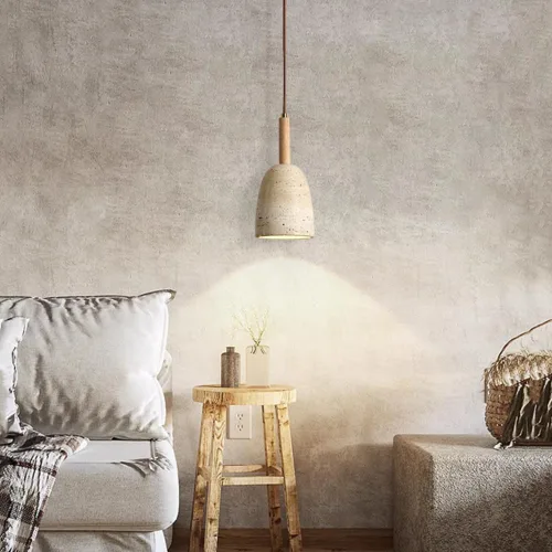 Vista 4 de Vintage Solid Wood Pendant Light Japanese Style Simple Bedside Hanging Lamp Modern Small Yellow Travertine Chandeliers for Kitchen Island Living