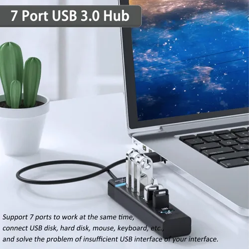 Vista 2 de Hub USB de 7 puertos para laptop, divisor USB multipuerto extensor USB para laptop, PC, MacBook, Mac Pro, Mac mini, iMac, Surface Pro y más