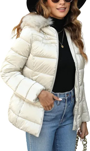 Vista 10 de Bellivera Chaqueta Acolchada Ligera para Mujer, Abrigos de Invierno para Mujer Cálidos Acolchados de Burbujas con Capucha y Cuello de Piel Sintética