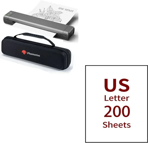 Phomemo Impresora portátil sin tinta gris y papel térmico de letras estadounidenses, tamaño 8.5 x 11 pulgadas, 200 hojas y funda, impresora térmica